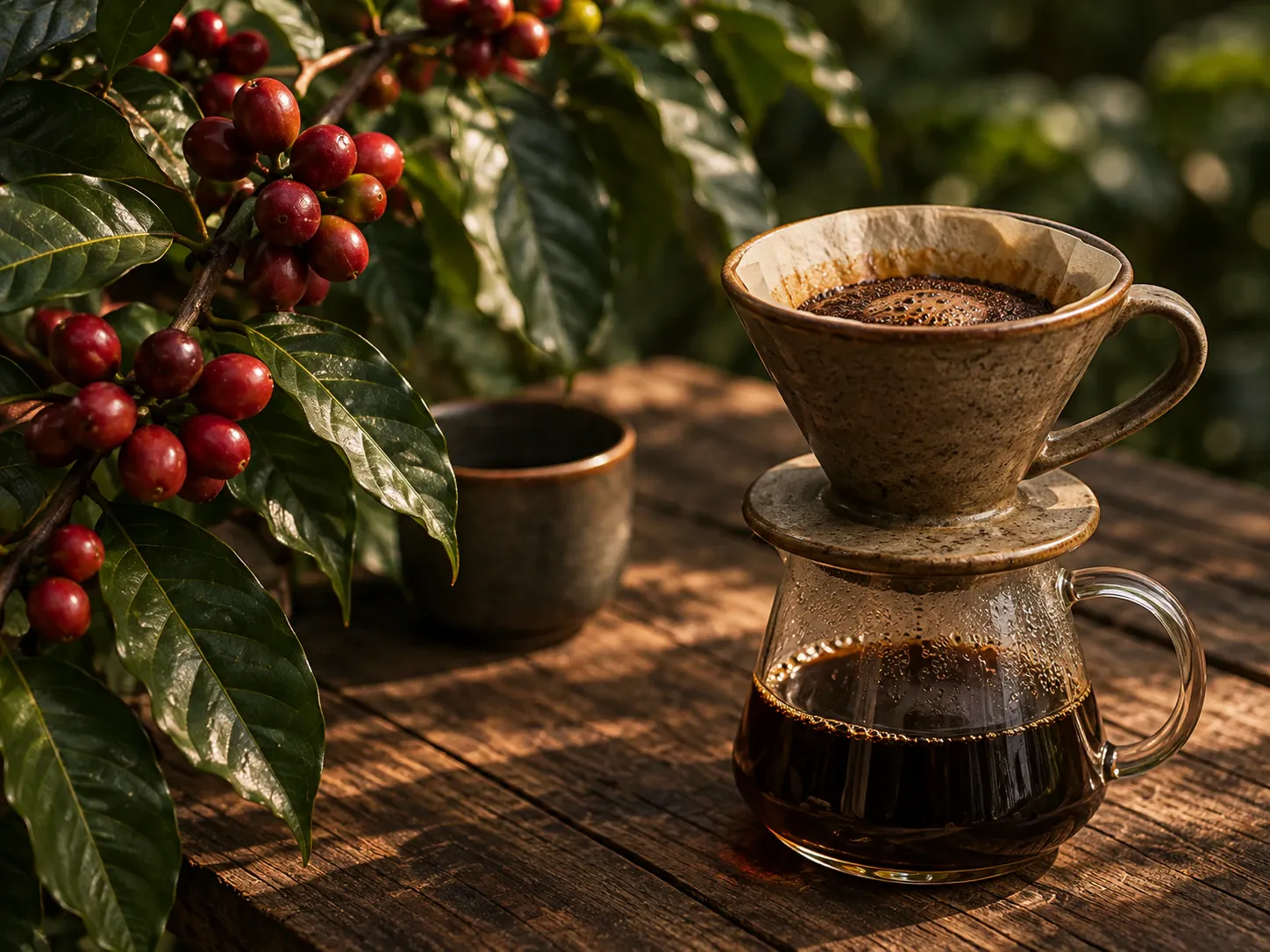 Cerezas de café maduras en la rama y un gotero de cerámica con café filtrado sobre una mesa de madera.