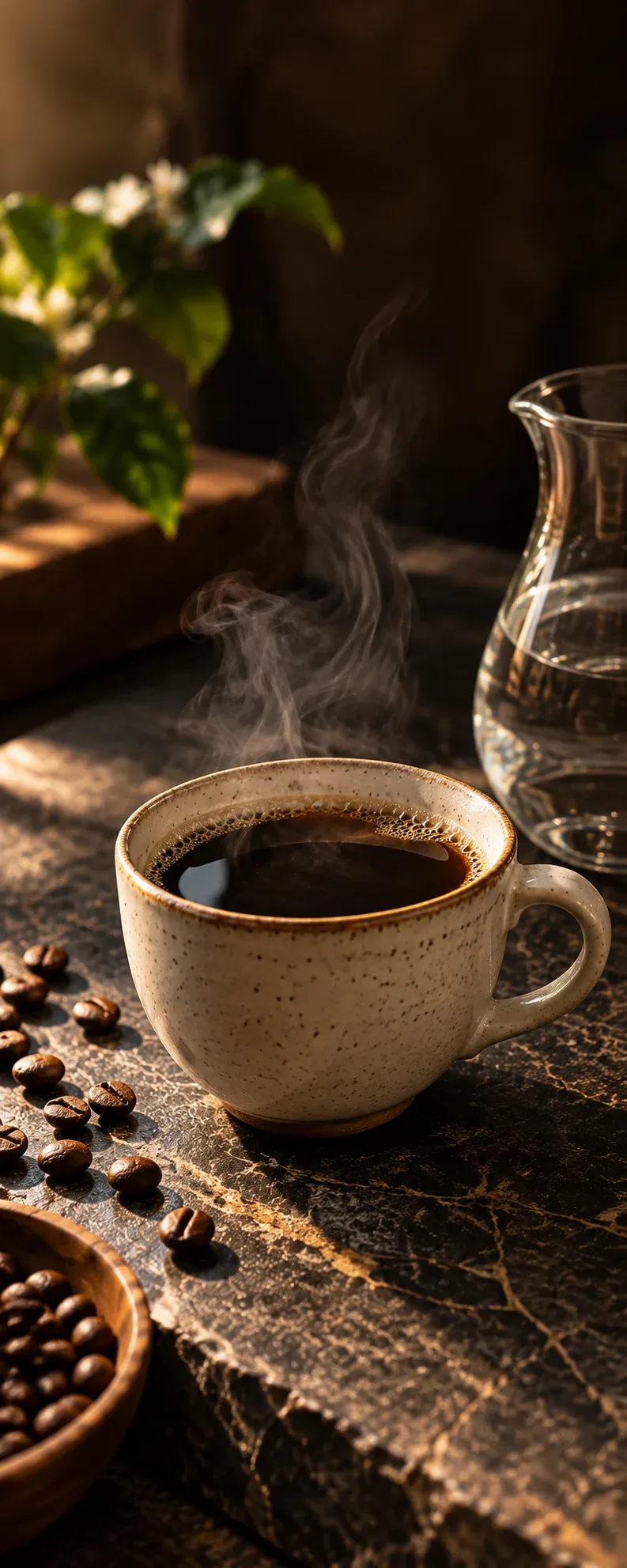Taza de café humeante junto a una jarra de vidrio y granos.