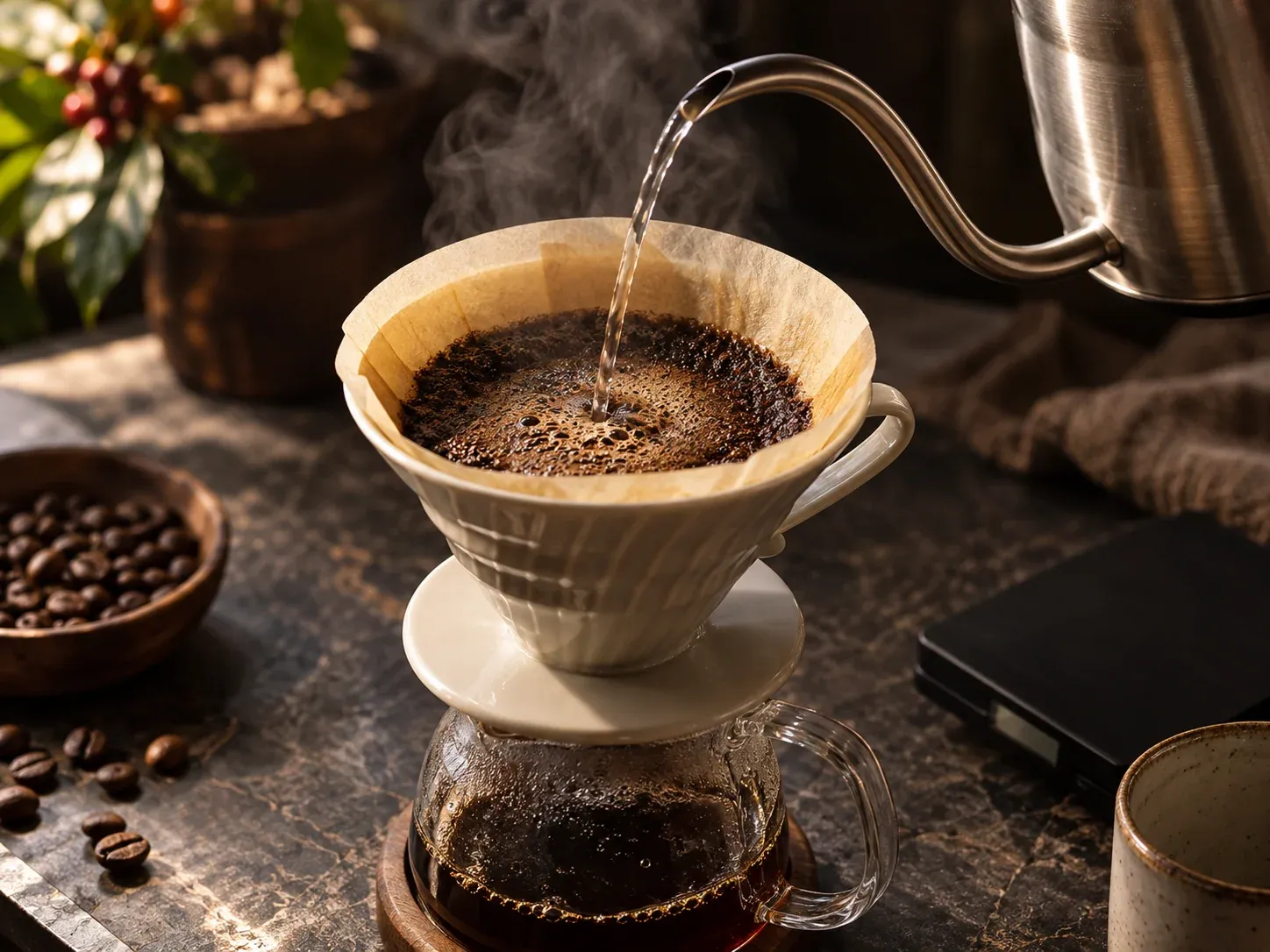 Agua vertida desde una tetera sobre café en un filtro V60, con el servidor de vidrio debajo.