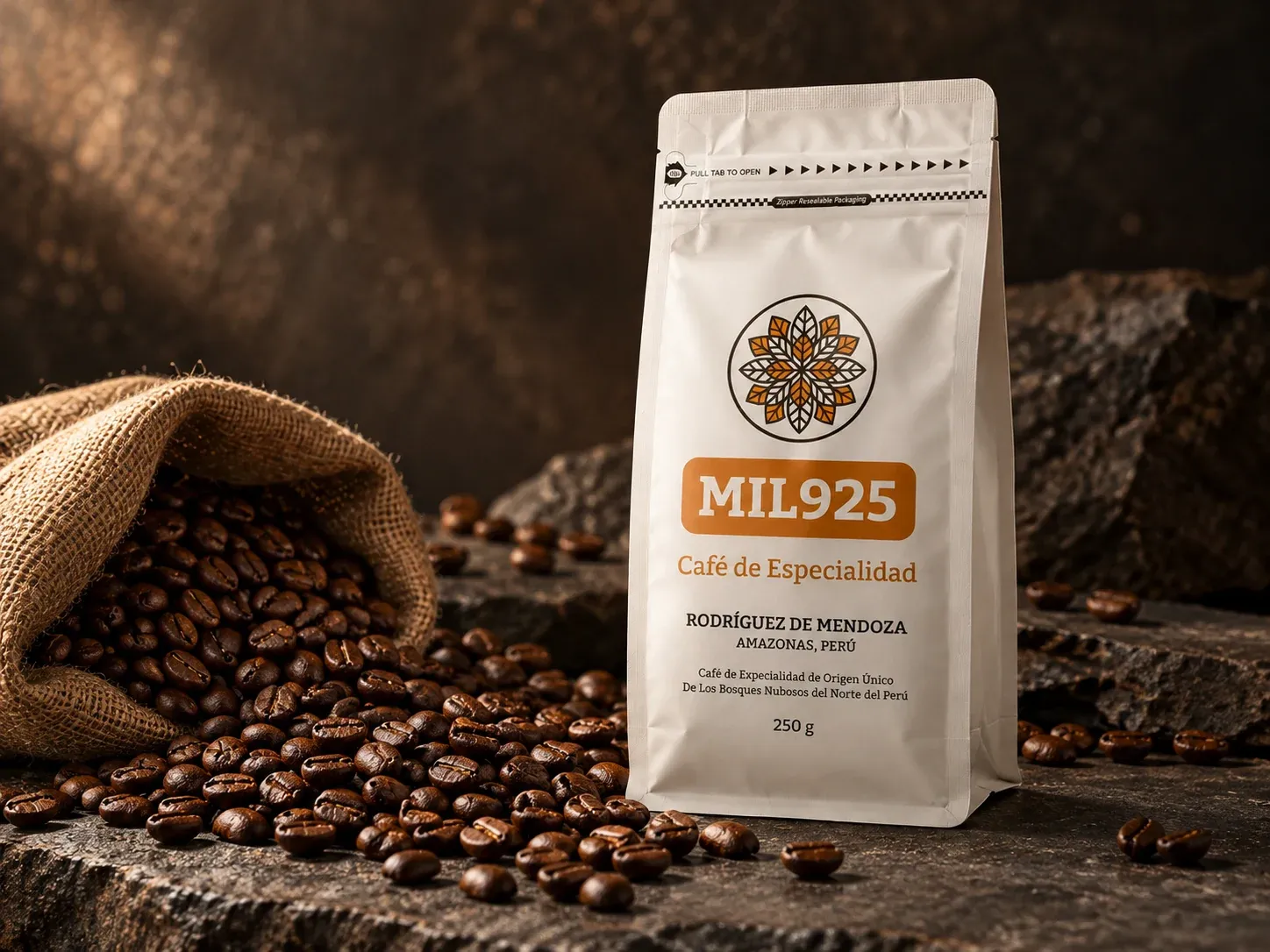 Bolsa MIL925 sobre una roca oscura junto a un saco de yute con granos de café tostados.