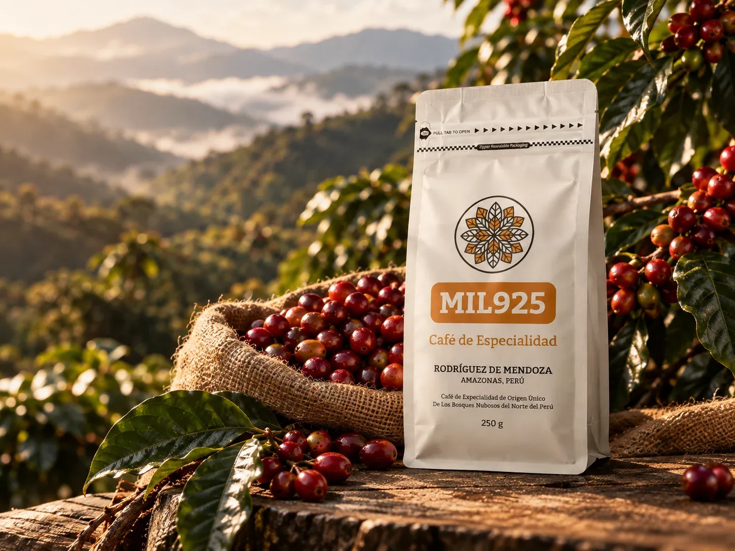 Bolsa MIL925 entre cerezas de café rojas y hojas, con colinas neblinosas al fondo.