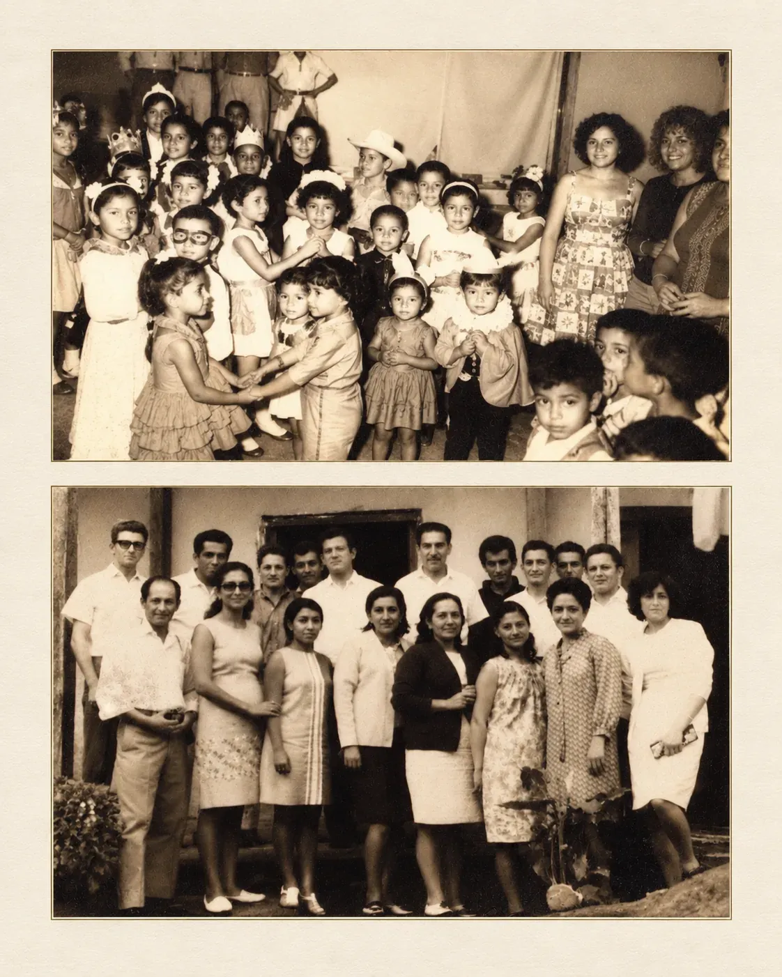 Dos fotografías antiguas en tonos sepia: arriba, un grupo de niñas y niños con algunas personas adultas durante una celebración; abajo, un grupo de personas de pie frente a una casa.