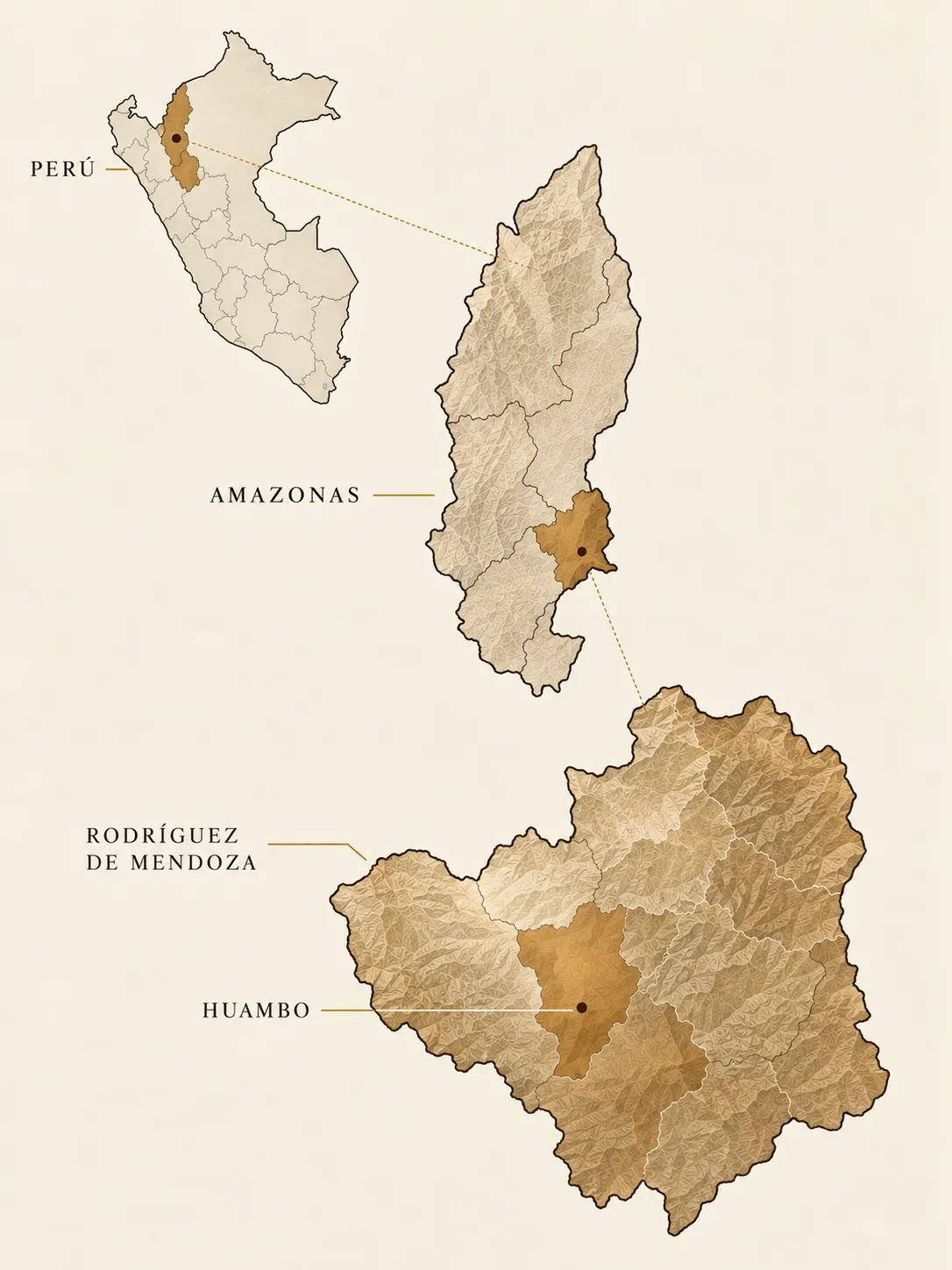 Mapa ilustrativo en tres niveles: Perú con la región Amazonas resaltada, Amazonas con una provincia resaltada y esa provincia ampliada, rotulada «Rodríguez de Mendoza», con «Huambo» señalado.